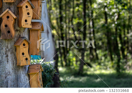 Many multi-story birdhouses on a tree in the park. Concept of urbanization and overpopulation. Many multi-story birdhouses on a tree in the park. Concept of urbanization and overpopulation. 132331668