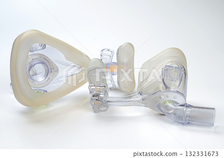 Medical full face and nasal oxygen masks for obstructive sleep apnea patient Isolated on white. 132331673