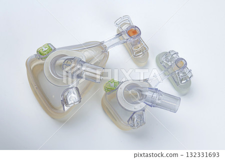 Medical full face and nasal oxygen masks for obstructive sleep apnea patient Isolated on white. 132331693