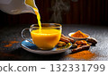 Food for cancer patients, Turmeric-infused herbal tea being poured into a cup 132331799