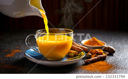 Food for cancer patients, Turmeric-infused herbal tea being poured into a cup 132331799