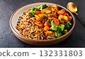 Heart nourishing food, Warm bowl of quinoa, lentils, and roasted vegetables, 132331803