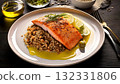 Well-plated dish featuring fatty fish, olive oil, and whole grains for liver well 132331806