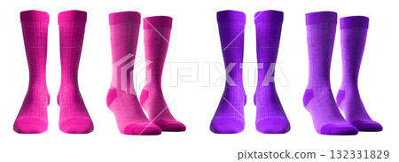 2 Set of magenta purple violet, front side view blank plain socks on transparent background, PNG file. Mockup template for artwork design 132331829