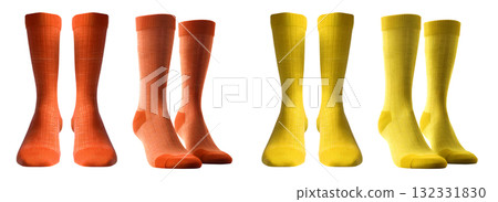 2 Set of orange yellow, front side view blank plain socks on transparent background, PNG file. Mockup template for artwork design 2 Set of orange yellow, front side view blank plain socks on transparent background, PNG file. Mockup template for artwork design 132331830