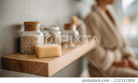 Cozy Bathroom Shelf With Soap Bar And Glass Jars In Soft Morning Light Cozy Bathroom Shelf With Soap Bar And Glass Jars In Soft Morning Light 132331869