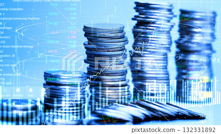 Stacked coins with rising stock market graph Stacked coins with rising stock market graph 132331892