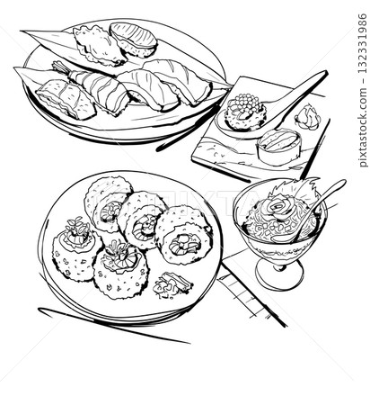 Stylish illustration of sushi. Shrimp, salmon roe and tuna Stylish illustration of sushi. Shrimp, salmon roe and tuna 132331986