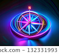 Illustration of a compass with a pink and blue wind rose and an arrow pointing to north. 132331993