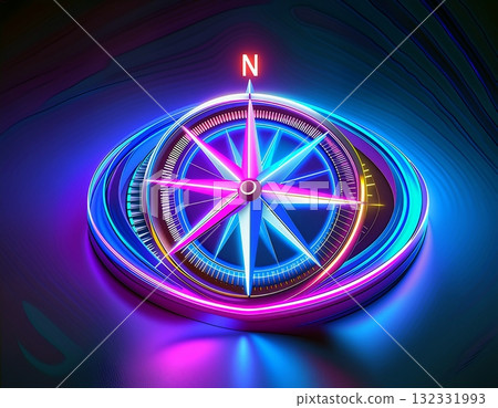 Illustration of a compass with a pink and blue wind rose and an arrow pointing to north. Illustration of a compass with a pink and blue wind rose and an arrow pointing to north. 132331993