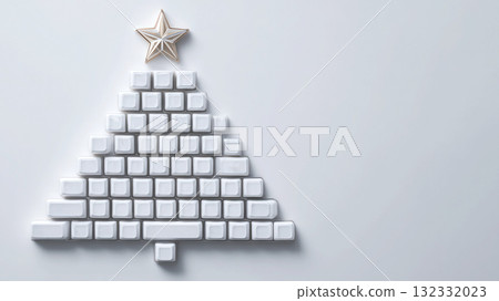 Creative Christmas tree made of white computer keyboard keys decorated with a golden star on a white background, top view, holiday spirit in the office, freelancing and remote work. Copy space Creative Christmas tree made of white computer keyboard keys decorated with a golden star on a white background, top view, holiday spirit in the office, freelancing and remote work. Copy space 132332023