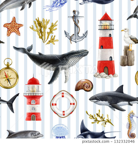 Marine theme vintage style seamless pattern. Hand drawn lighthouse, whale, dolphin, shark, anchor watercolor illustration. Sea life mood elements seamless pattern design on striped background 132332046