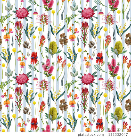 Australia native flowers seamless pattern on stripe background. Hand drawn vintage style watercolor Australian flora elements. Waratah, golden wattle, grevillea, banksia, gum tree leaves pattern Australia native flowers seamless pattern on stripe background. Hand drawn vintage style watercolor Australian flora elements. Waratah, golden wattle, grevillea, banksia, gum tree leaves pattern 132332047