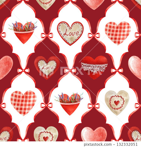 Valentine Day romantic mood seamless pattern tile order decoration element. Hand drawn red hearts vintage style watercolor illustration. Perfect for romantic designs, holiday decor and gift wrapping 132332051
