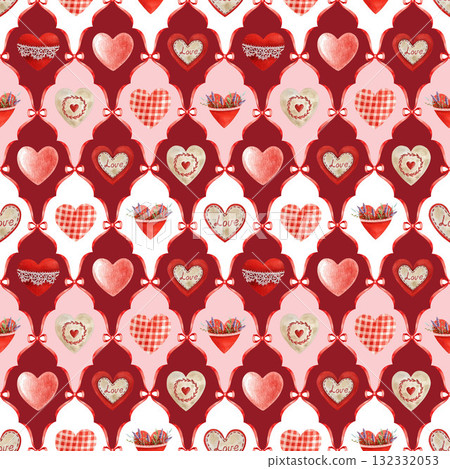 Valentine Day mood seamless pattern decoration. Hand drawn red heart elements vintage style watercolor illustration. Perfect for romantic designs, holiday decor and gift wrapping Valentine Day mood seamless pattern decoration. Hand drawn red heart elements vintage style watercolor illustration. Perfect for romantic designs, holiday decor and gift wrapping 132332053