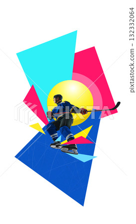 Bold colorful poster. Hockey player in blue uniform surrounded by colorful shapes symbolizing innovation and growth 132332064