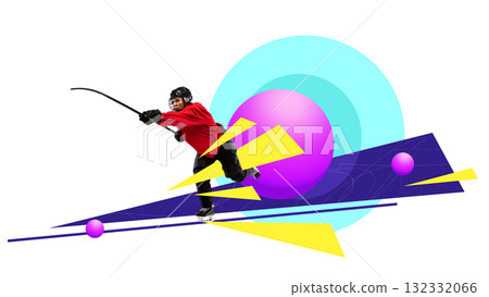 Creative digital artwork. Hockey player in red jersey striking dynamic pose symbolizing motivation and emotional energy Creative digital artwork. Hockey player in red jersey striking dynamic pose symbolizing motivation and emotional energy 132332066