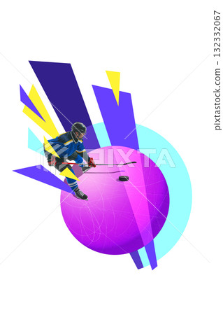 Collage art. Hockey player in blue uniform with abstract geometric design Collage art. Hockey player in blue uniform with abstract geometric design 132332067