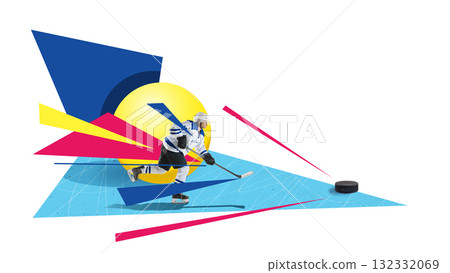 Composition with hockey player skating toward puck with geometric composition symbolizing precision and ambition 132332069