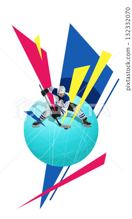 Abstract collage. Hockey player in motion surrounded by sharp geometric shapes 132332070