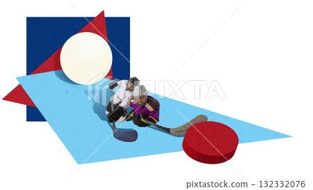 Creative digital artwork. Hockey players in action near geometric shapes Creative digital artwork. Hockey players in action near geometric shapes 132332076