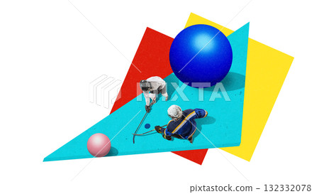 Surreal collage art. Two hockey players in faceoff position on abstract composition Surreal collage art. Two hockey players in faceoff position on abstract composition 132332078