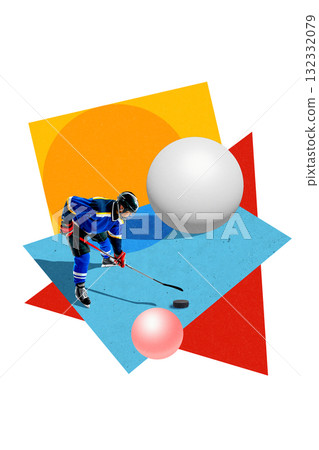 Graphic composition. Hockey player in blue uniform on colorful geometric field 132332079