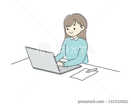 一位女士在筆記型電腦上工作的案頭工作插圖 132332082