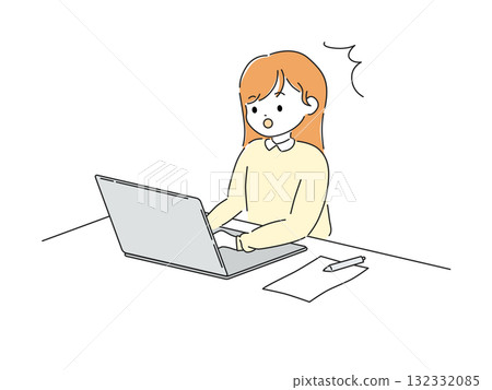 案頭工作插圖:一位女士在筆記型電腦上工作,表情驚訝 案頭工作插圖:一位女士在筆記型電腦上工作,表情驚訝 132332085