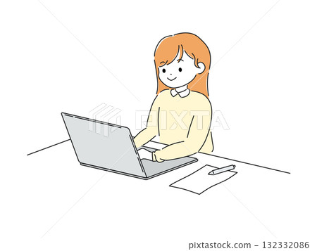一位女士在筆記型電腦上工作的案頭工作插圖 132332086