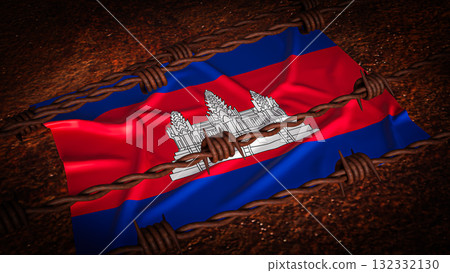 The Cambodia flag and barbed wire for Background 3d Rendering. 132332130