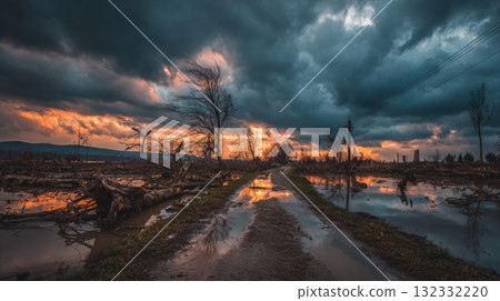 Desolate Road Through Flooded Landscape at Sunset After Stormy Sky and Fallen Trees 132332220