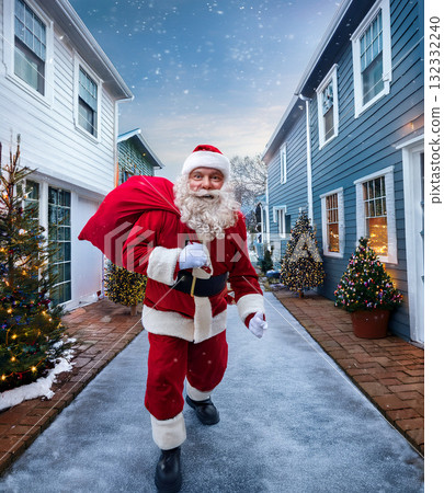 Santa claus delivering presents during christmas snow 132332240