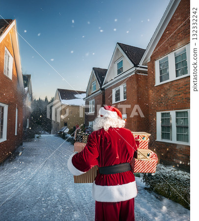 Santa claus delivering christmas gifts in snowy neighborhood Santa claus delivering christmas gifts in snowy neighborhood 132332242