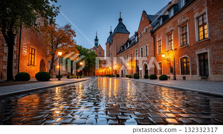 European city street view, cobblestones and autumn puddles 132332317