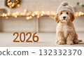 Cute Puppy Sitting Next to '2026' with Christmas Bokeh Lights 132332370