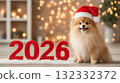 Cute Puppy Sitting Next to '2026' with Christmas Bokeh Lights 132332372
