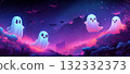 Cute Ghosts and Pumpkins on Neon Background 132332373
