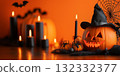 Halloween Orange Background with a Black Spider and pumpkin 132332377