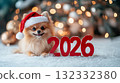 Cute Puppy Sitting Next to '2026' with Christmas Bokeh Lights 132332380