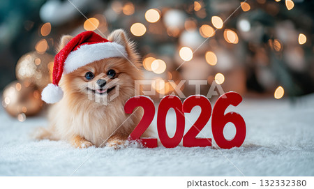 Cute Puppy Sitting Next to '2026' with Christmas Bokeh Lights 132332380