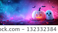 Cute Ghosts and Pumpkins on Neon Background 132332384