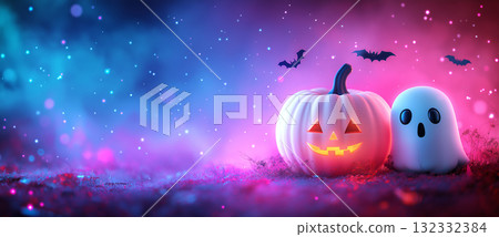 Cute Ghosts and Pumpkins on Neon Background Cute Ghosts and Pumpkins on Neon Background 132332384