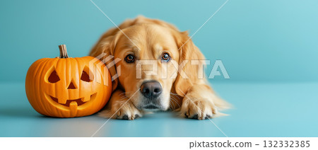 Golden Retriever with Halloween Pumpkin on a Blue Background Golden Retriever with Halloween Pumpkin on a Blue Background 132332385