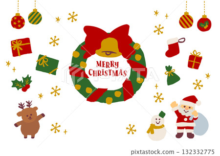 A cute winter illustration featuring a hand-drawn Christmas wreath, Santa Claus, reindeer, snowmen, and presents. 132332775