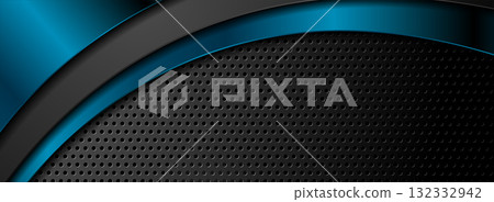 Blue and black abstract glossy waves on perforated background Blue and black abstract glossy waves on perforated background 132332942