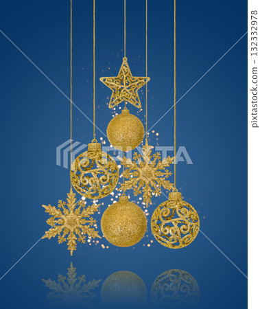 Christmas blue background with Christmas tree decorations with a golden snowflake, star and ball and golden lights. New Year and Christmas card. 132332978