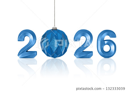 Blue numbers 2026 and a Christmas tree ornament in the shape of a blue ball isolated on a white background with clipping path. A design element for New Year and Christmas postcards 132333039
