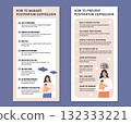 Mother coping with postpartum depression with practical tips for mental health support. Set of educational infographic posters on maternal wellbeing. Vertical banner. Flat Style Vector Illustration. 132333221