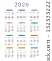 2026 calendar with sleek modern design and colorful month headers in English language. Printable yearly planner for home, work, school, personal organization. Clean minimal full year template vector. 132333222